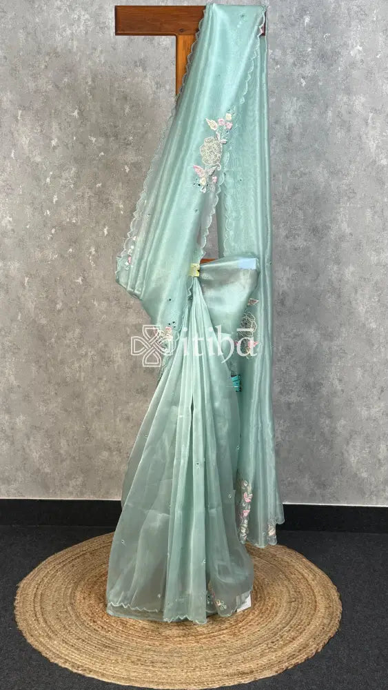 ORGANZA EMBROIDERY SAREE - MINT GREEN