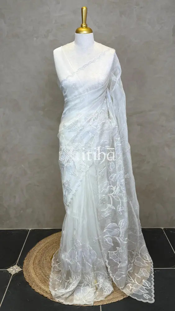 ORGANZA EMBROIDERY SAREE - OFF WHITE