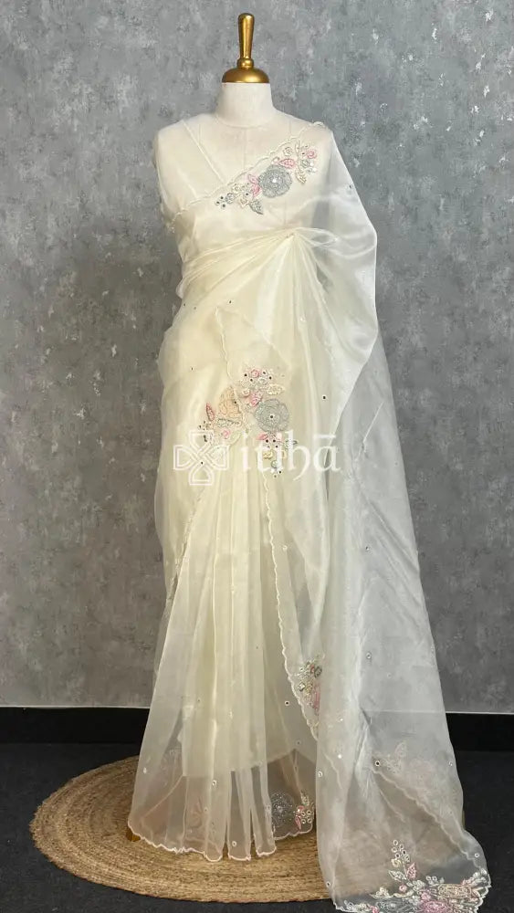 ORGANZA EMBROIDERY SAREE - OFF WHITE