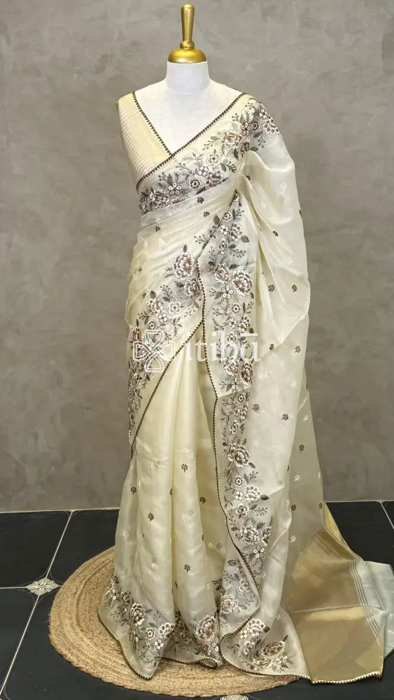 ORGANZA EMBROIDERY SAREE - olive green