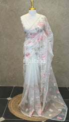 ORGANZA EMBROIDERY SAREE - PALE WHITE