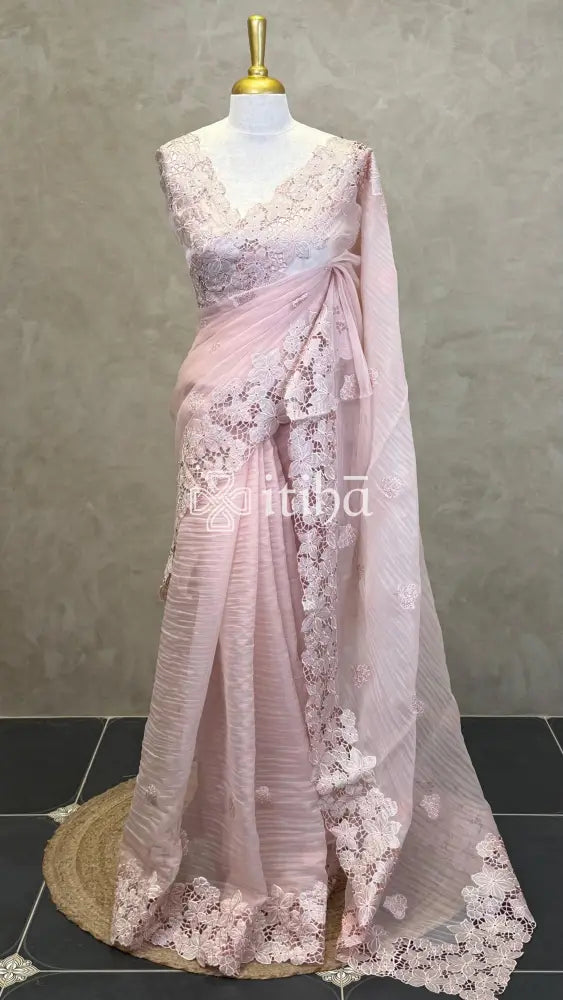 ORGANZA EMBROIDERY SAREE - PASTEL PEACH