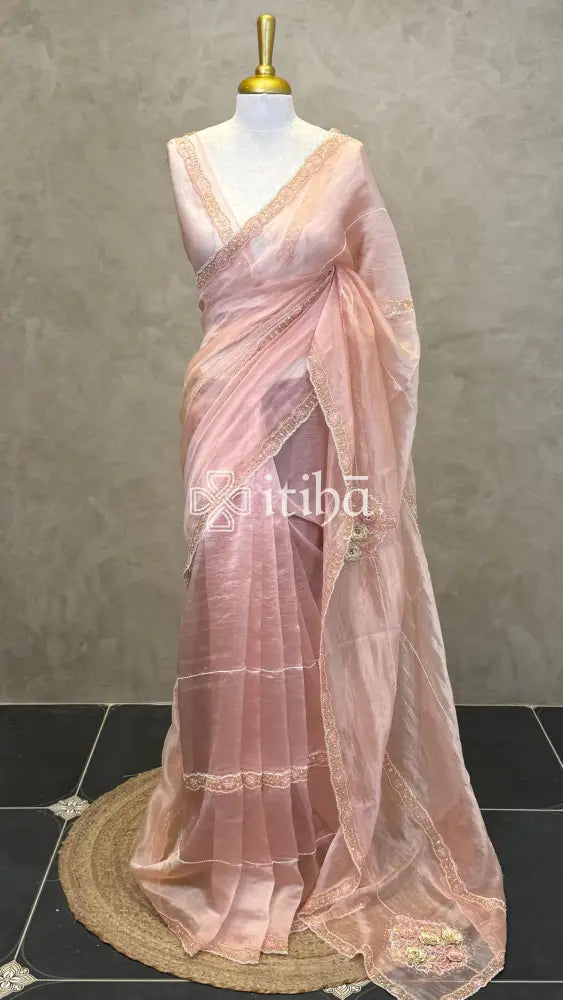 ORGANZA EMBROIDERY SAREE - PASTEL PEACH