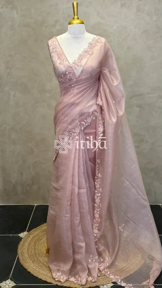ORGANZA EMBROIDERY SAREE - PASTEL PEACH