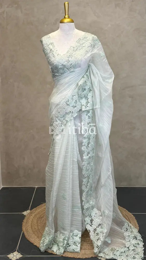 ORGANZA EMBROIDERY SAREE - PASTEL SAGE GREEN