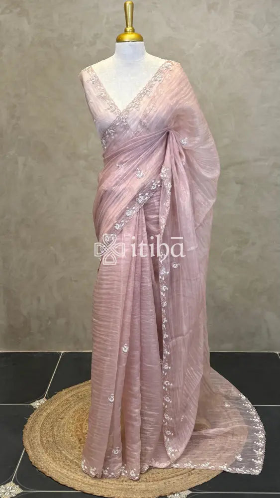 ORGANZA EMBROIDERY SAREE - PEACH