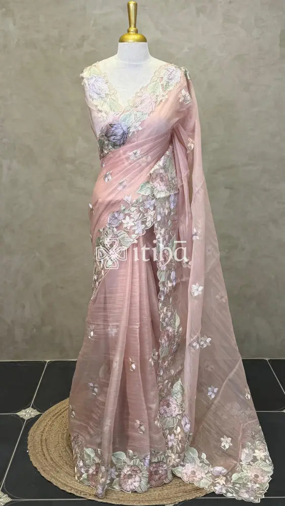 ORGANZA EMBROIDERY SAREE - PEACH