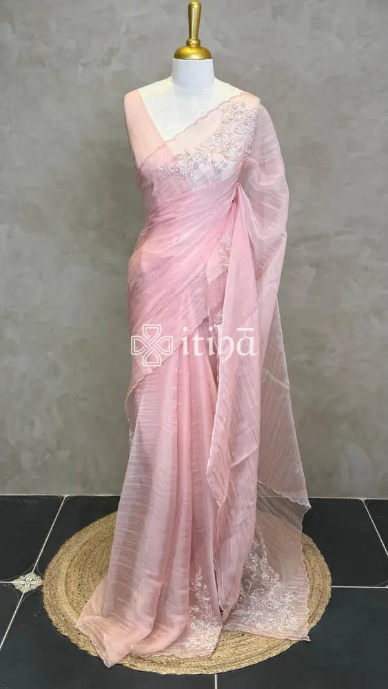 ORGANZA EMBROIDERY SAREE - PEACH PINK