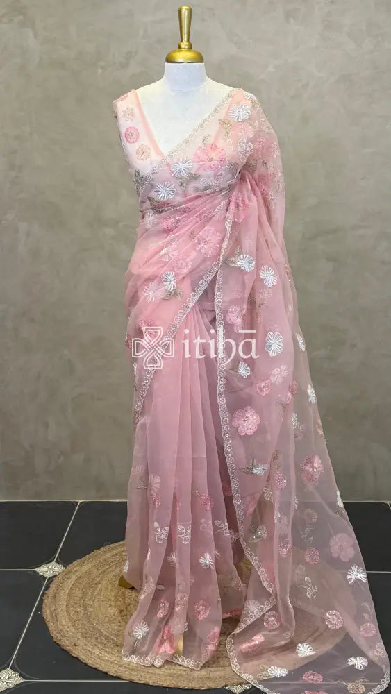 ORGANZA EMBROIDERY SAREE - PEACH PINK
