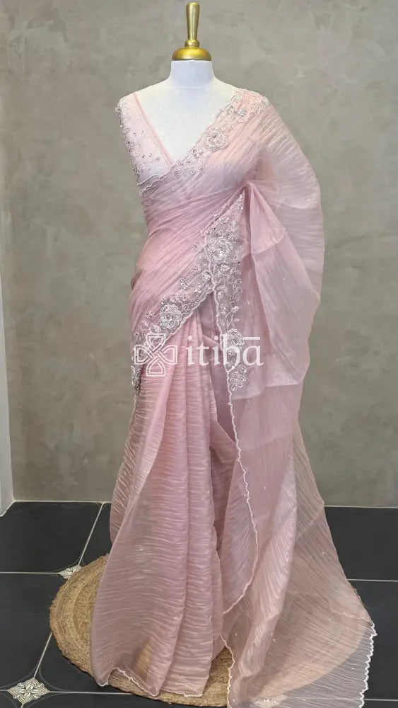 ORGANZA EMBROIDERY SAREE - PEACH PINK