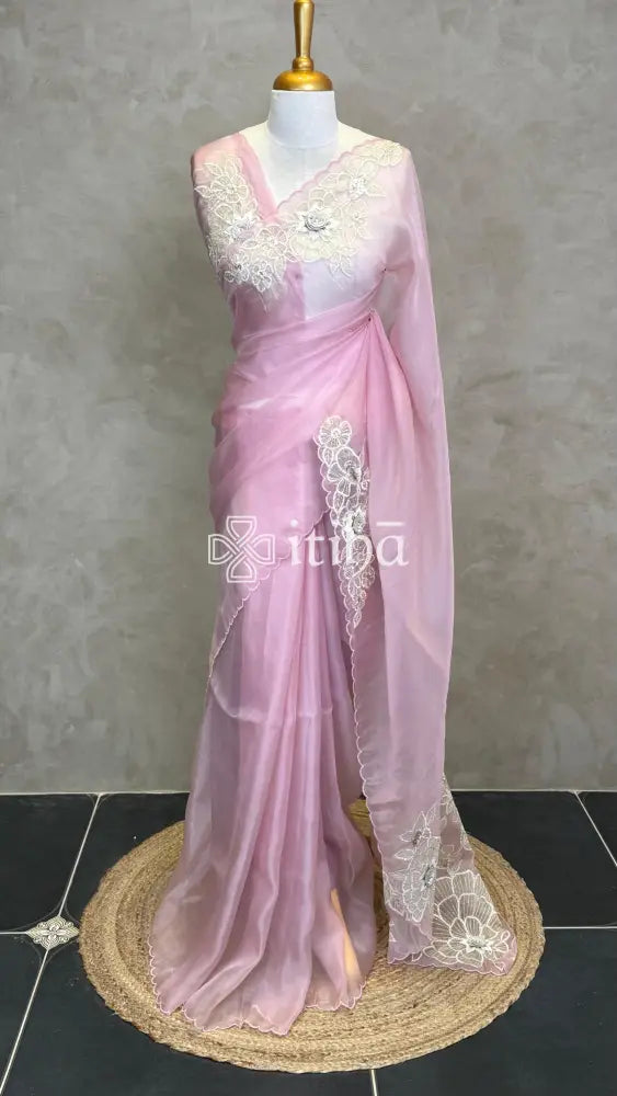 ORGANZA EMBROIDERY SAREE - Pink
