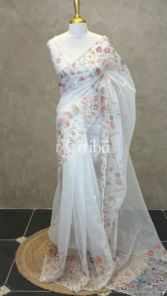 ORGANZA EMBROIDERY SAREE - White