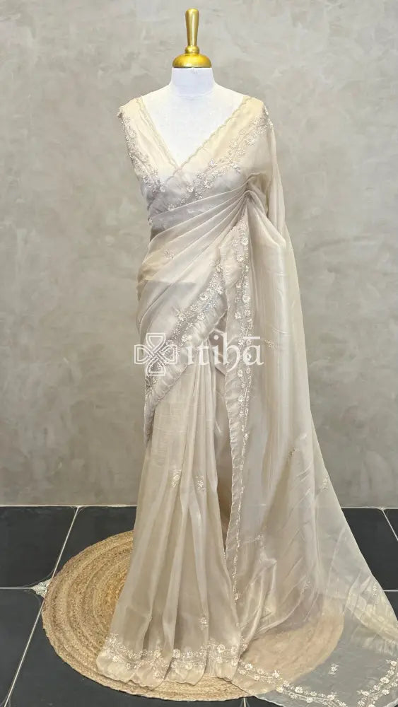 ORGANZA HAND EMBROIDERY DESIGNER SAREE - Beige