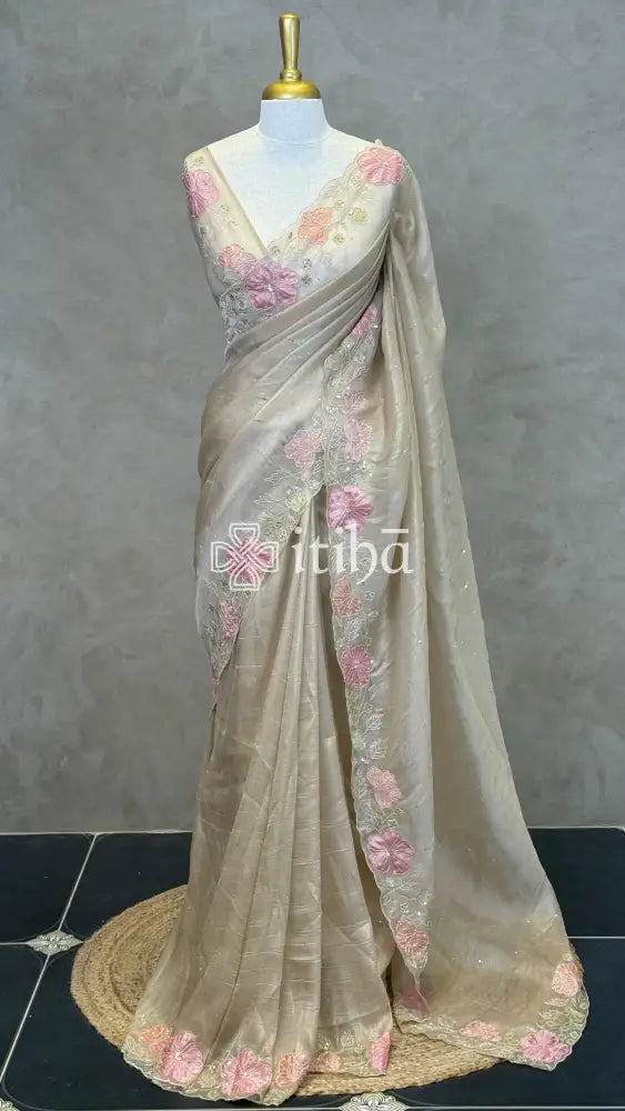 ORGANZA HAND EMBROIDERY DESIGNER SAREE - Beige