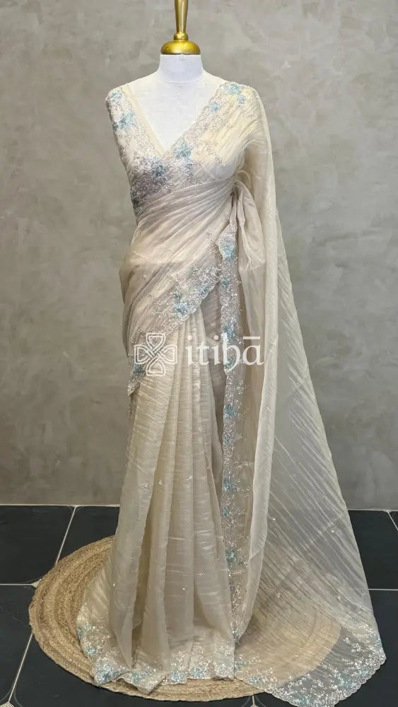 ORGANZA HAND EMBROIDERY DESIGNER SAREE - Beige