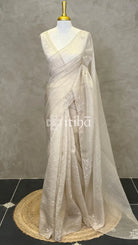 ORGANZA HAND EMBROIDERY DESIGNER SAREE - Beige
