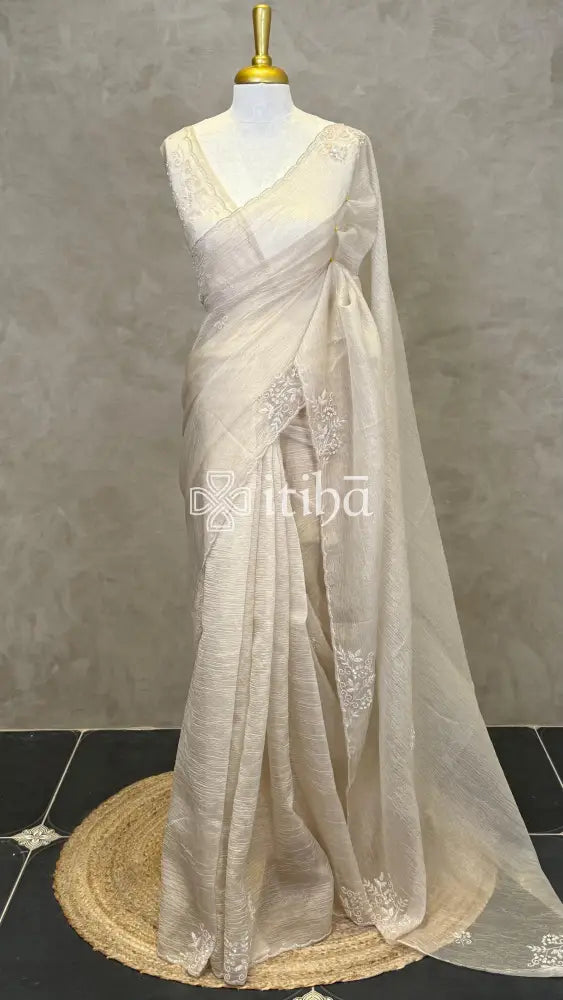 ORGANZA HAND EMBROIDERY DESIGNER SAREE - Beige