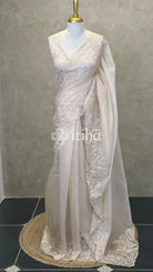 ORGANZA HAND EMBROIDERY DESIGNER SAREE - Beige