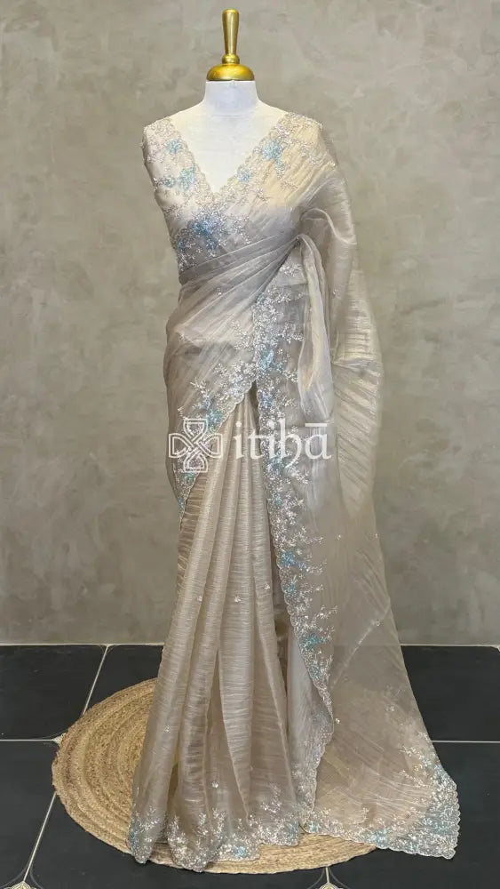 ORGANZA HAND EMBROIDERY DESIGNER SAREE - CHAMPAGNE BEIGE