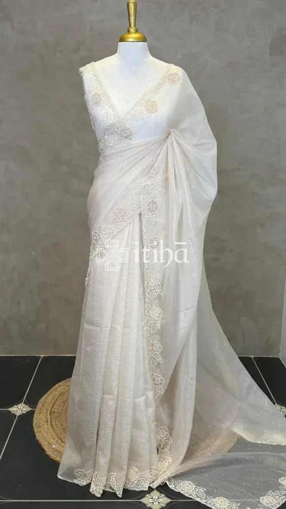ORGANZA HAND EMBROIDERY DESIGNER SAREE - CHAMPAGNE BEIGE