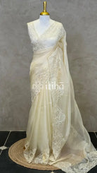 ORGANZA HAND EMBROIDERY DESIGNER SAREE - CREAM