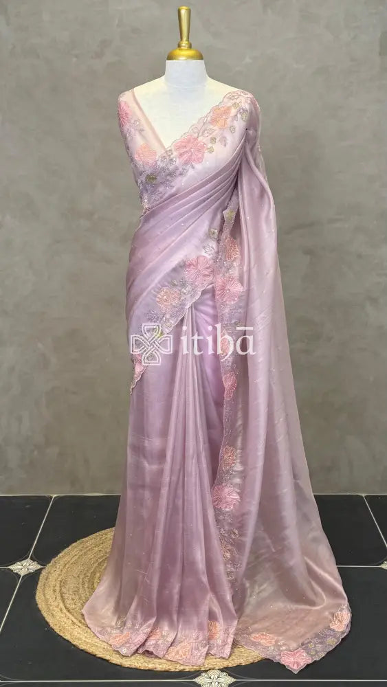 ORGANZA HAND EMBROIDERY DESIGNER SAREE - DUSTY LILAC