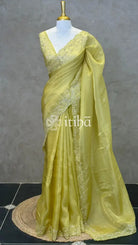 ORGANZA HAND EMBROIDERY DESIGNER SAREE - GREENISH YELLOW