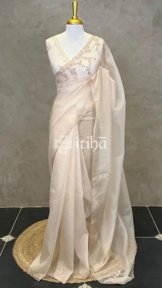 ORGANZA HAND EMBROIDERY DESIGNER SAREE - LIGHT BEIGE