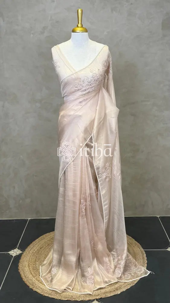 ORGANZA HAND EMBROIDERY DESIGNER SAREE - LIGHT BEIGE