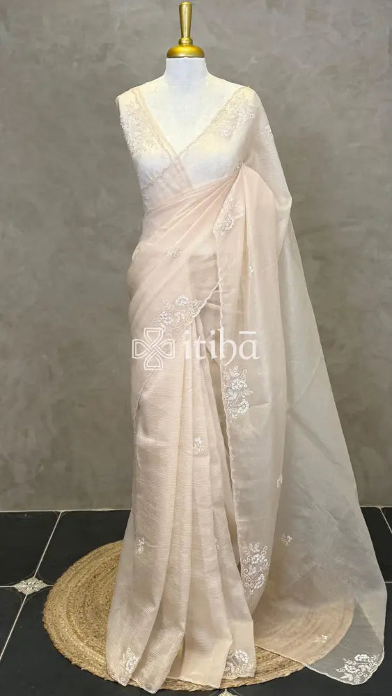 ORGANZA HAND EMBROIDERY DESIGNER SAREE - LIGHT BEIGE