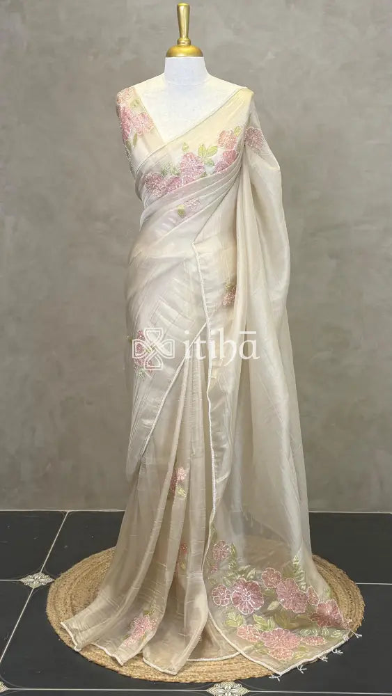 ORGANZA HAND EMBROIDERY DESIGNER SAREE - LIGHT BEIGE