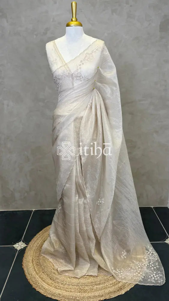 ORGANZA HAND EMBROIDERY DESIGNER SAREE - LIGHT BEIGE