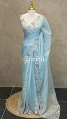 ORGANZA HAND EMBROIDERY DESIGNER SAREE - LIGHT BLUE