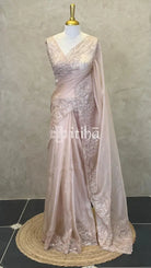 ORGANZA HAND EMBROIDERY DESIGNER SAREE - LIGHT PEACH