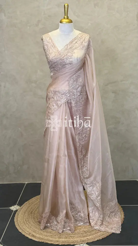 ORGANZA HAND EMBROIDERY DESIGNER SAREE - LIGHT PEACH
