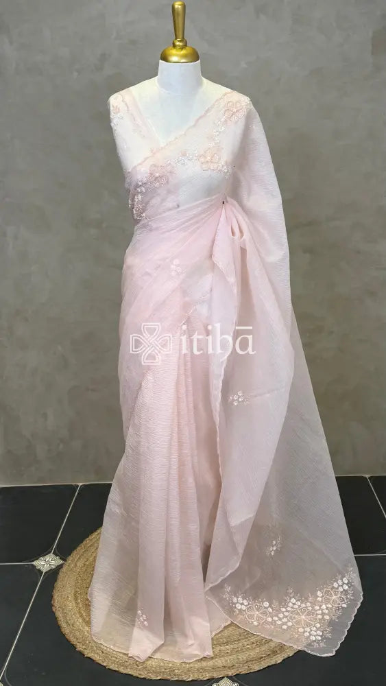 ORGANZA HAND EMBROIDERY DESIGNER SAREE - LIGHT PEACH