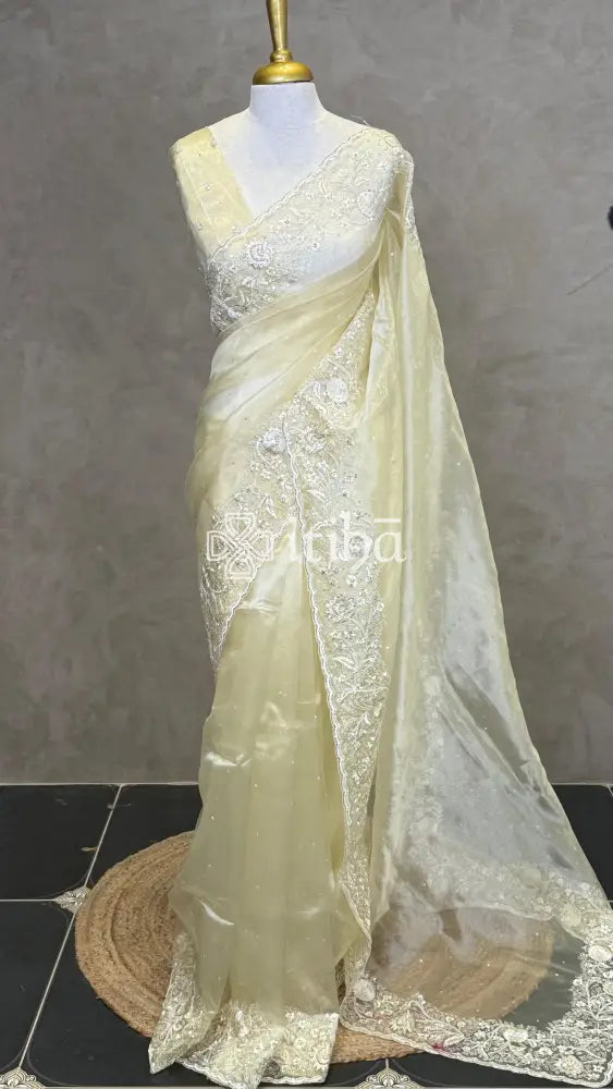 ORGANZA HAND EMBROIDERY DESIGNER SAREE - LIGHT YELLOW