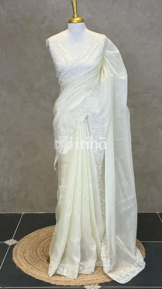 ORGANZA HAND EMBROIDERY DESIGNER SAREE - LIGHT YELLOW