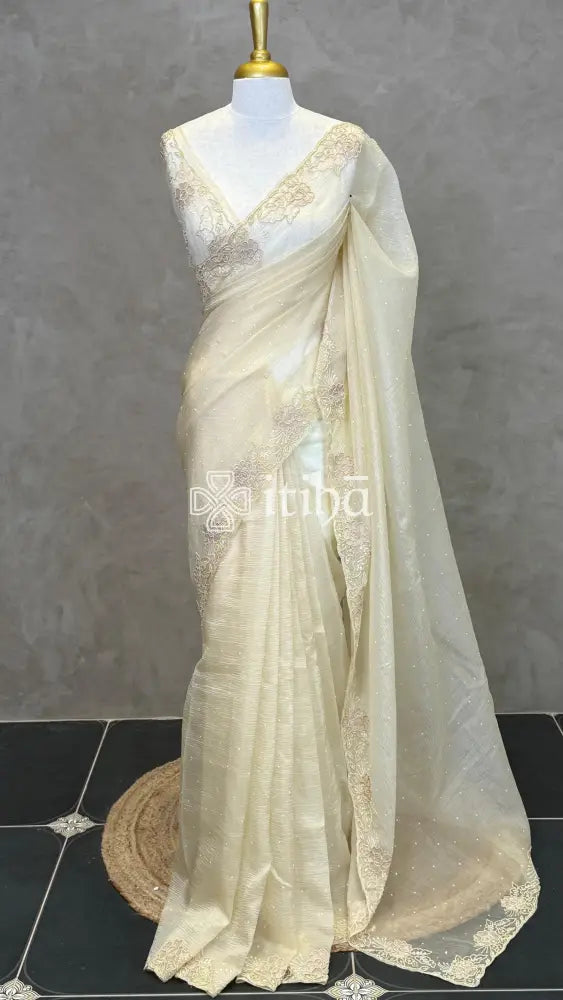 ORGANZA HAND EMBROIDERY DESIGNER SAREE - LIGHT YELLOW