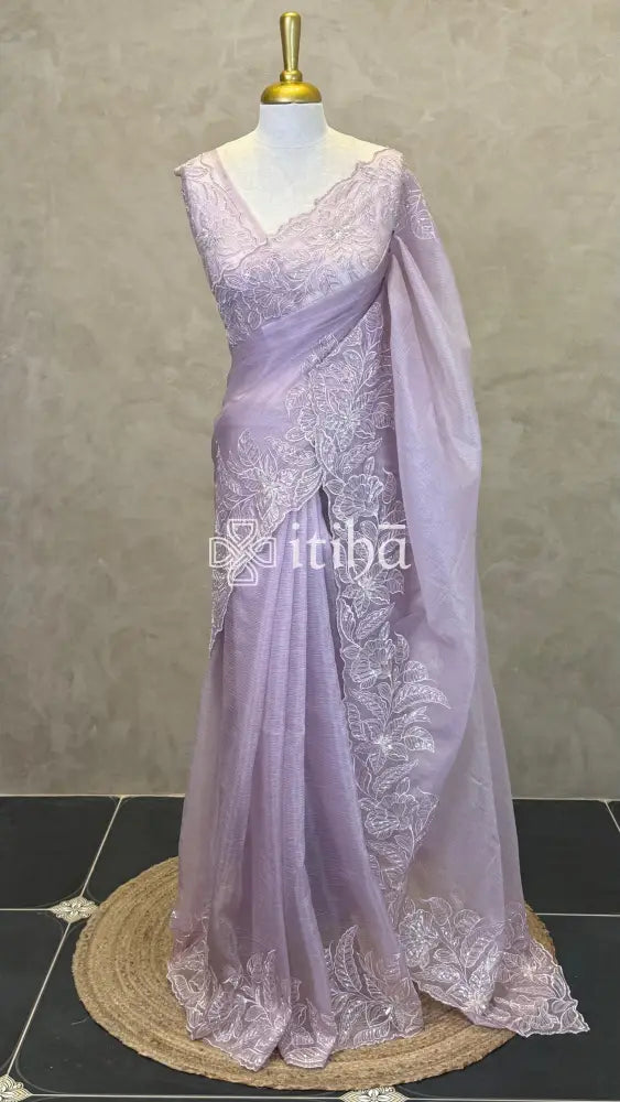 ORGANZA HAND EMBROIDERY DESIGNER SAREE - LILAC
