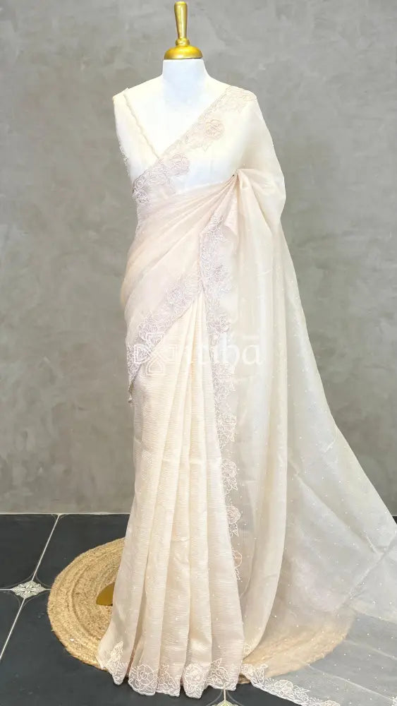 ORGANZA HAND EMBROIDERY DESIGNER SAREE - MUTED BEIGE
