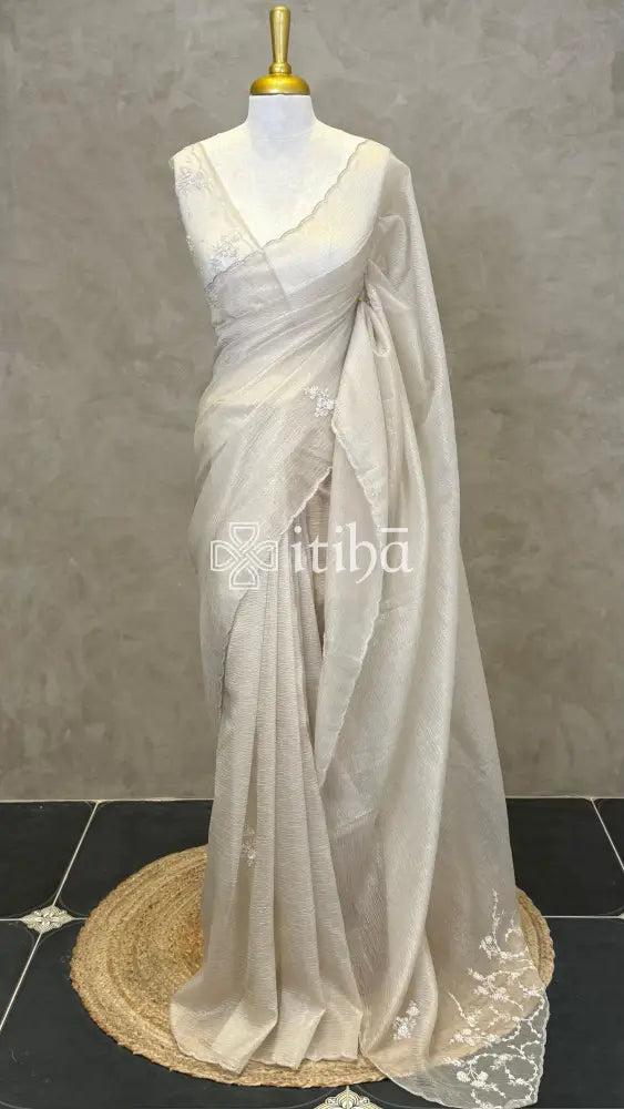 ORGANZA HAND EMBROIDERY DESIGNER SAREE - OFF WHITE