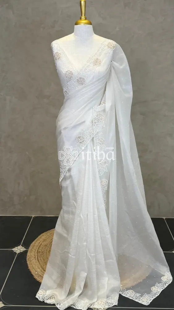 ORGANZA HAND EMBROIDERY DESIGNER SAREE - OFF WHITE