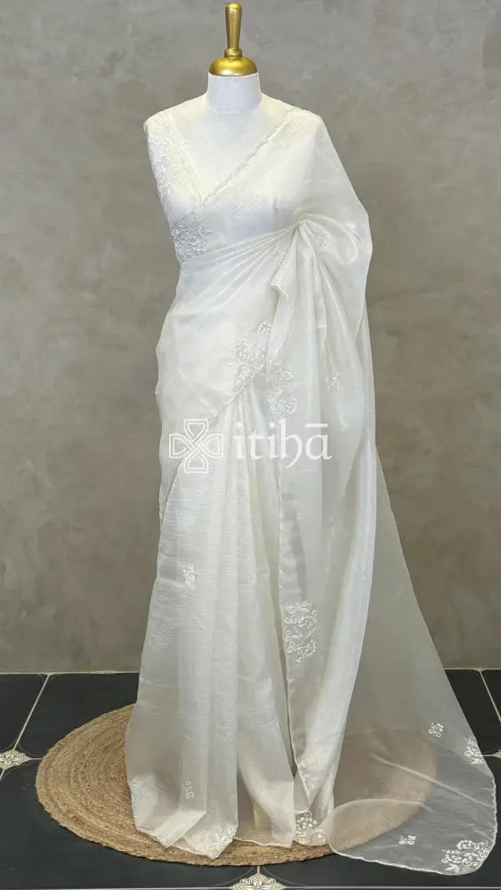 ORGANZA HAND EMBROIDERY DESIGNER SAREE - OFF WHITE