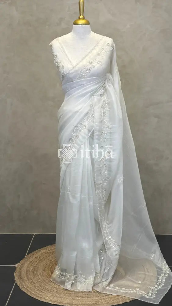 ORGANZA HAND EMBROIDERY DESIGNER SAREE - OFF WHITE