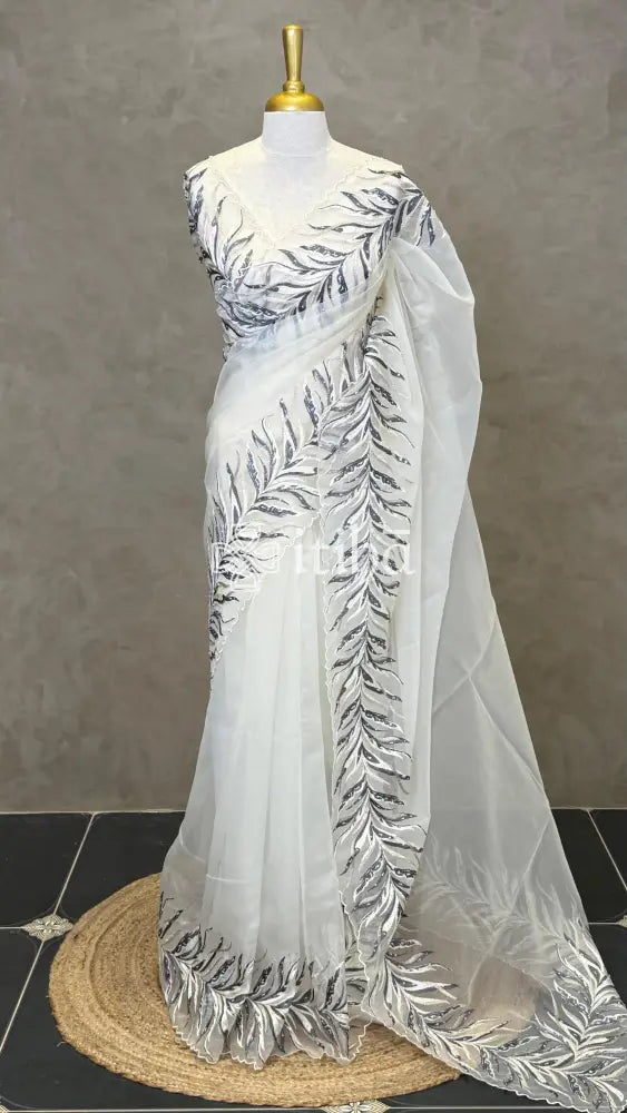 ORGANZA HAND EMBROIDERY DESIGNER SAREE - OFF WHITE