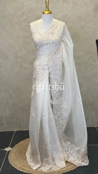 ORGANZA HAND EMBROIDERY DESIGNER SAREE - OFF WHITE