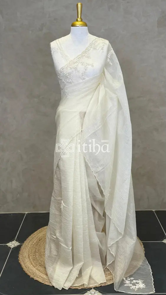 ORGANZA HAND EMBROIDERY DESIGNER SAREE - PALE WHITE
