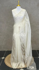 ORGANZA HAND EMBROIDERY DESIGNER SAREE - PALE WHITE