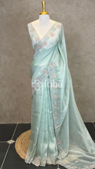 ORGANZA HAND EMBROIDERY DESIGNER SAREE - PASTEL AQUA GREEN